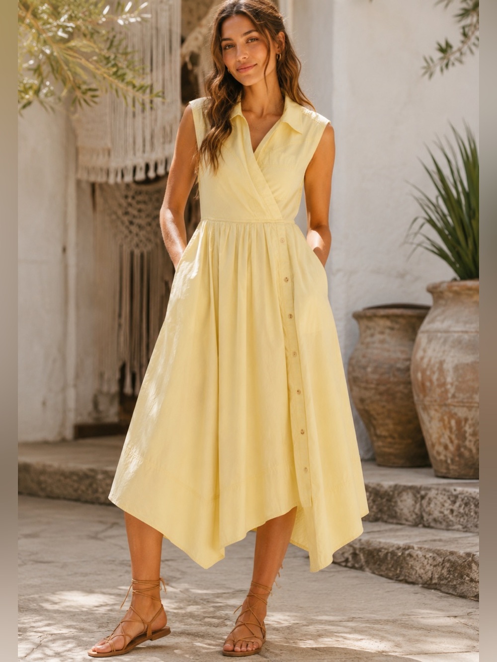 Pilcro Reworked Wrap Midi Dress by Anthropologie – Soft Yellow Wrap Shirt Dress - Picture 4 of 13